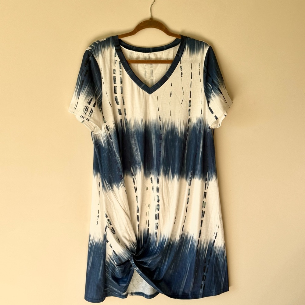 Locryz Women's Twist Knot T Shirt Dress - XL - Blue and White - Picture 4 of 8